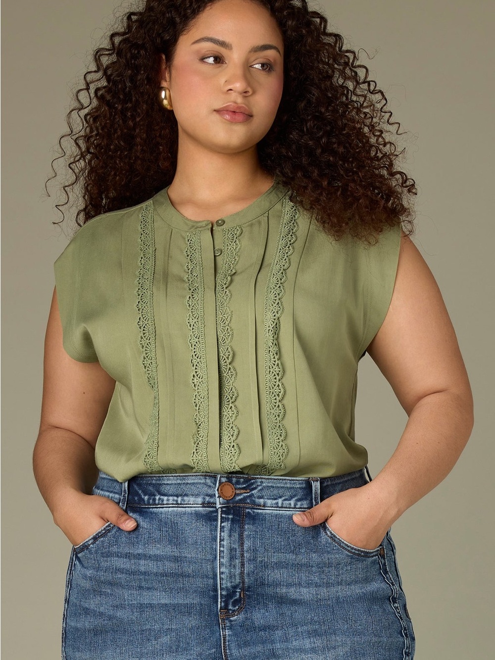 Olive green blouse with lace trim and button-up front. Brand new with tags. 3XL